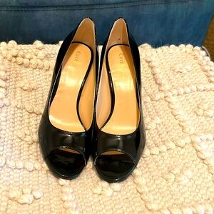 Black patent heels, Cole Haan shoe. Like new peek toe, black heels.